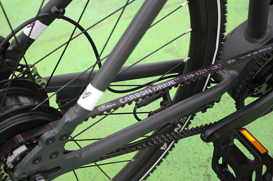 Close up of belt drive on bike greenway